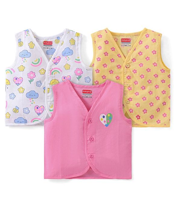 Babyhug 100% Cotton Poplin Sleeveless Front Open Jhablas Floral Print Pack of 3- Pink Yellow & White