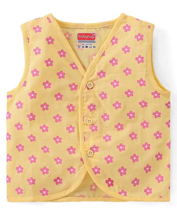 Babyhug 100% Cotton Poplin Sleeveless Front Open Jhablas Floral Print Pack of 3- Pink Yellow & White