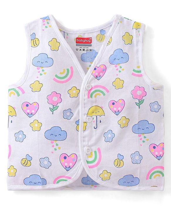 Babyhug 100% Cotton Poplin Sleeveless Front Open Jhablas Floral Print Pack of 3- Pink Yellow & White