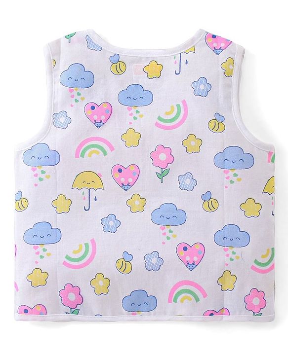 Babyhug 100% Cotton Poplin Sleeveless Front Open Jhablas Floral Print Pack of 3- Pink Yellow & White
