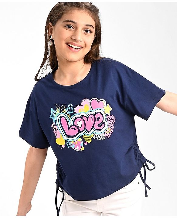 Pine Kids Cotton Knit Half Sleeves  Top with Knot Detailing  Text Print - Navy
