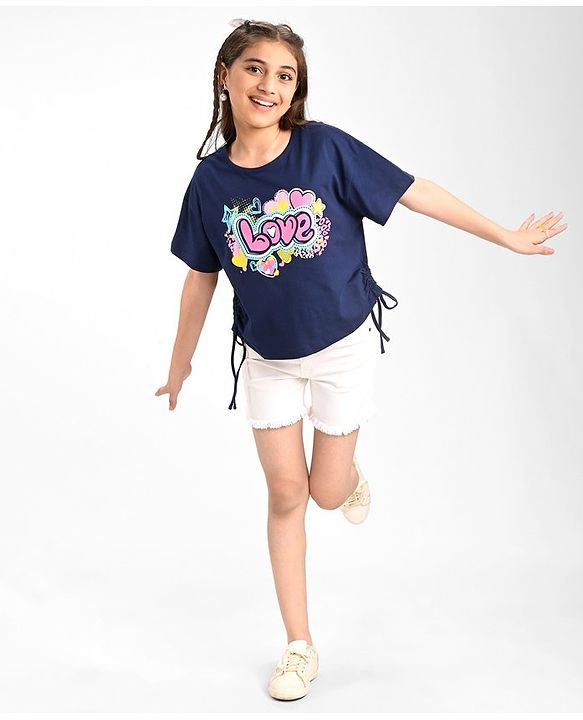 Pine Kids Cotton Knit Half Sleeves  Top with Knot Detailing  Text Print - Navy