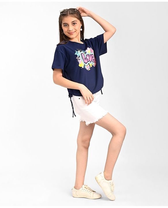 Pine Kids Cotton Knit Half Sleeves  Top with Knot Detailing  Text Print - Navy