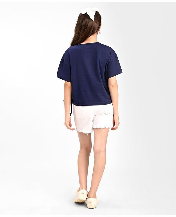 Pine Kids Cotton Knit Half Sleeves  Top with Knot Detailing  Text Print - Navy
