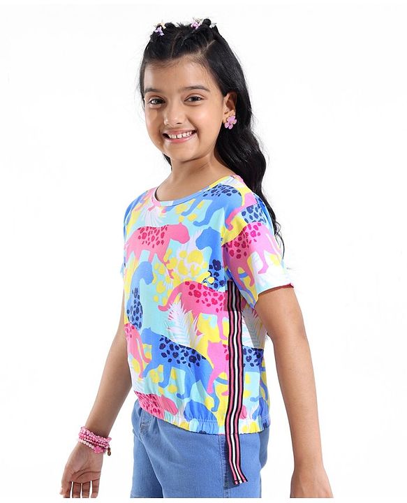 Pine Kids Cotton Half Sleeves Top with Side Tape & Cheetah Print - Limpet Shell