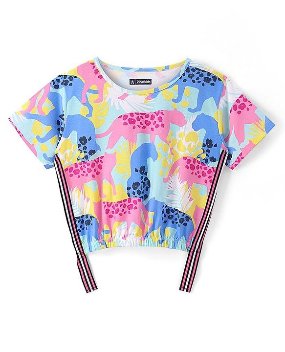 Pine Kids Cotton Half Sleeves Top with Side Tape & Cheetah Print - Limpet Shell