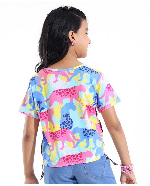 Pine Kids Cotton Half Sleeves Top with Side Tape & Cheetah Print - Limpet Shell