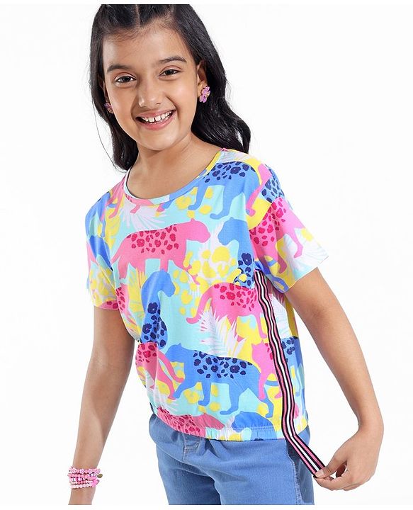 Pine Kids Cotton Half Sleeves Top with Side Tape & Cheetah Print - Limpet Shell