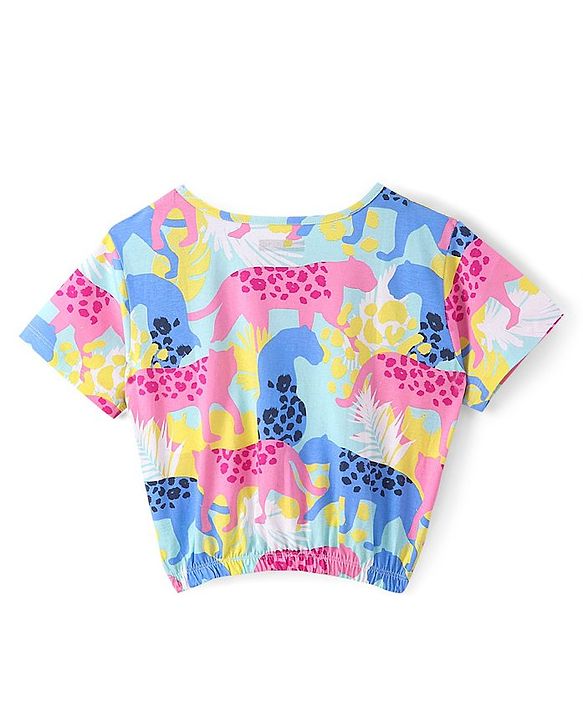 Pine Kids Cotton Half Sleeves Top with Side Tape & Cheetah Print - Limpet Shell