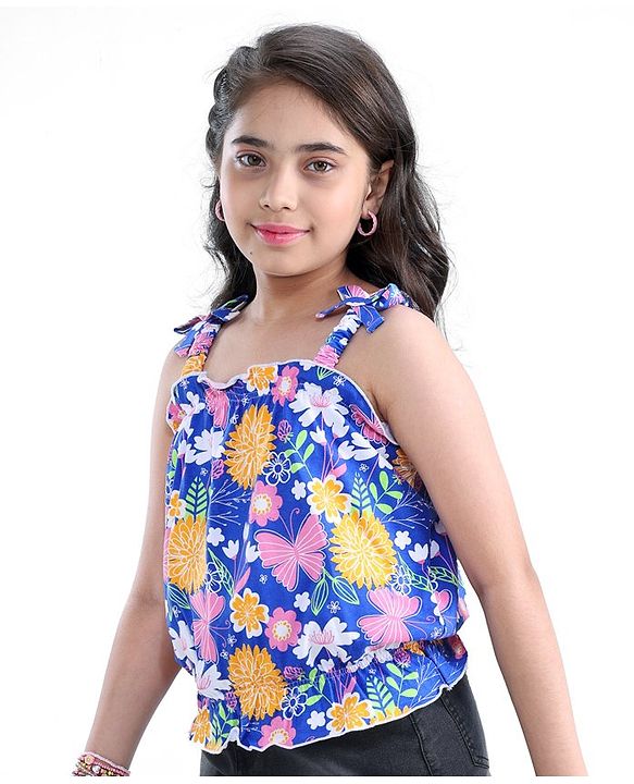 Pine Kids Cotton Sleeveless Butterfly & Floral Printed Top with Bow - Dazzling Blue