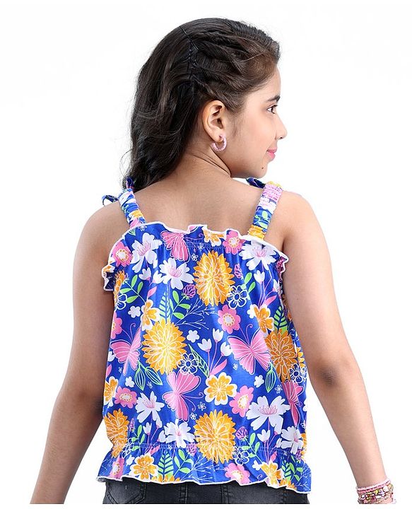 Pine Kids Cotton Sleeveless Butterfly & Floral Printed Top with Bow - Dazzling Blue