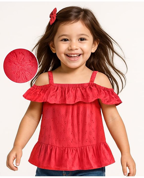 Babyhug Cotton Woven A-Line Half Sleeves Schiffli Top With Frill Detailing - Red