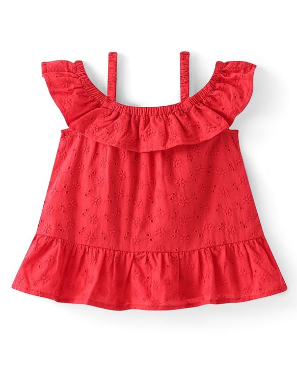 Babyhug Cotton Woven A-Line Half Sleeves Schiffli Top With Frill Detailing - Red