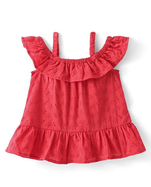 Babyhug Cotton Woven A-Line Half Sleeves Schiffli Top With Frill Detailing - Red