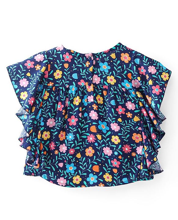Babyhug Cotton Knit Half Sleeves Top With Frill Detailing & Floral  Print- Navy Blue