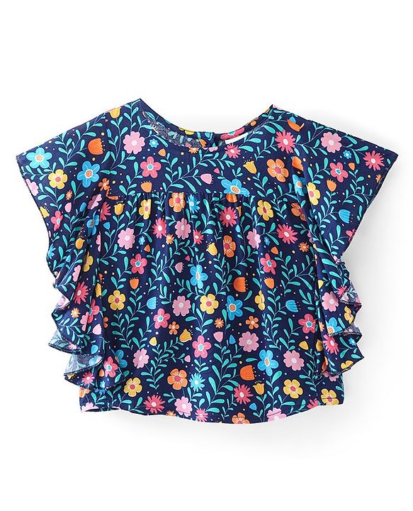 Babyhug Cotton Knit Half Sleeves Top With Frill Detailing & Floral  Print- Navy Blue