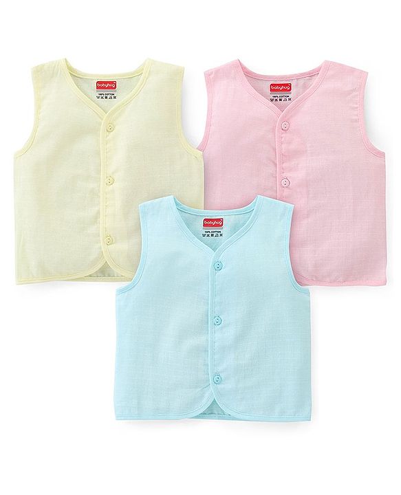 Babyhug 100% Cotton Poplin Sleeveless Front Open Jhablas Solid Colour Pack of 3- Pink Yellow & Blue