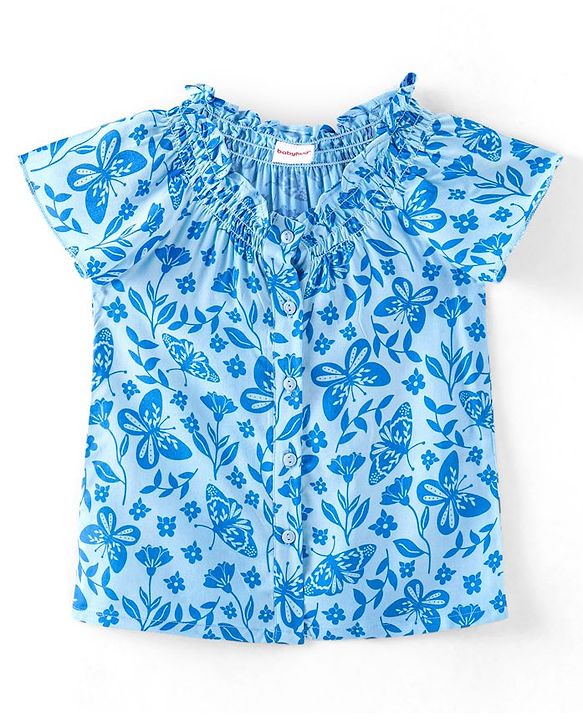 Babyhug Rayon Woven Half Sleeves Top With Smocking Frill Detailing & Floral Print - Blue