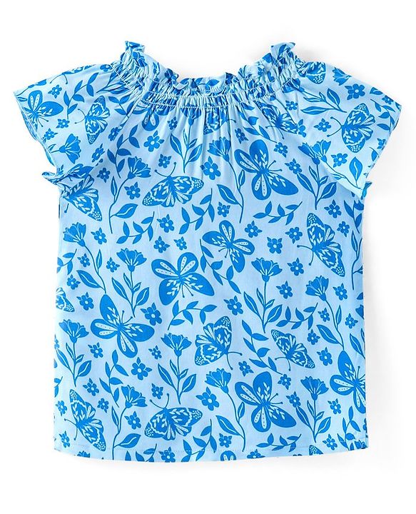 Babyhug Rayon Woven Half Sleeves Top With Smocking Frill Detailing & Floral Print - Blue
