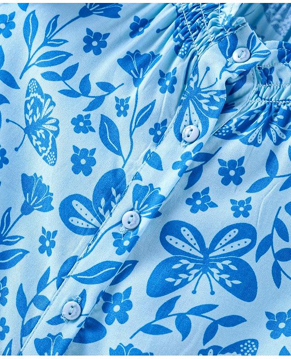 Babyhug Rayon Woven Half Sleeves Top With Smocking Frill Detailing & Floral Print - Blue