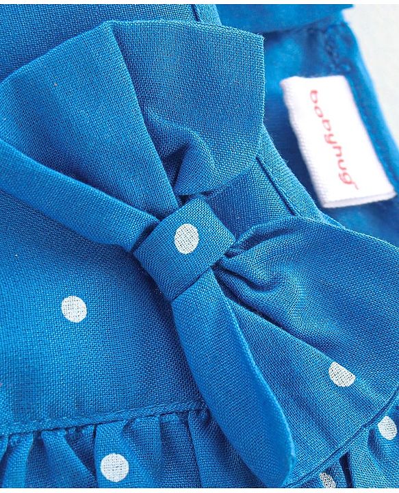 Babyhug 100% Rayon Woven Half Sleeves Top with Frill and Bow Detailing Polka Dot Print - Blue