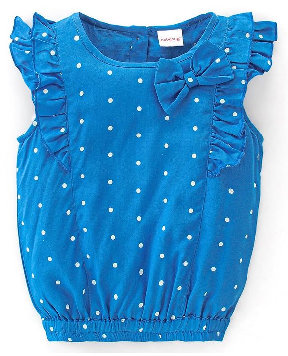 Babyhug 100% Rayon Woven Half Sleeves Top with Frill and Bow Detailing Polka Dot Print - Blue