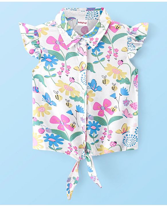 Babyhug Rayon Woven Frill Sleeves Top With Bow and Knot Detailing Floral Print - White