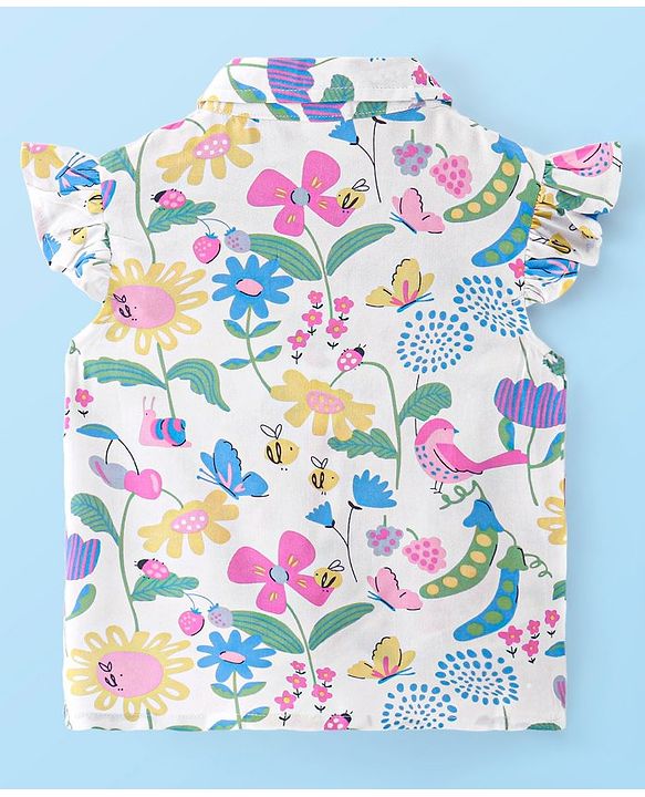 Babyhug Rayon Woven Frill Sleeves Top With Bow and Knot Detailing Floral Print - White