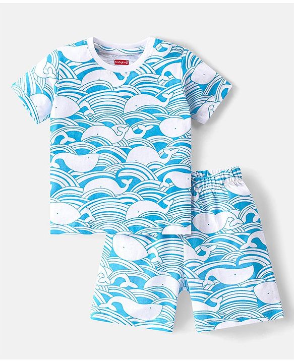 Babyhug Single Jersey Knit  Half Sleeves Nightsuit with Whale Print - Blue