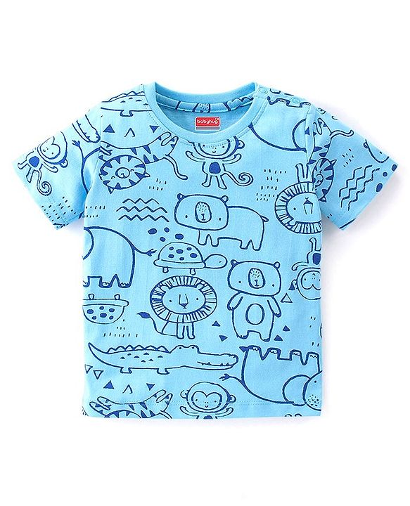 Babyhug Cotton Knit Single Jersey Half Sleeves Night Suit With Animals Print - Blue