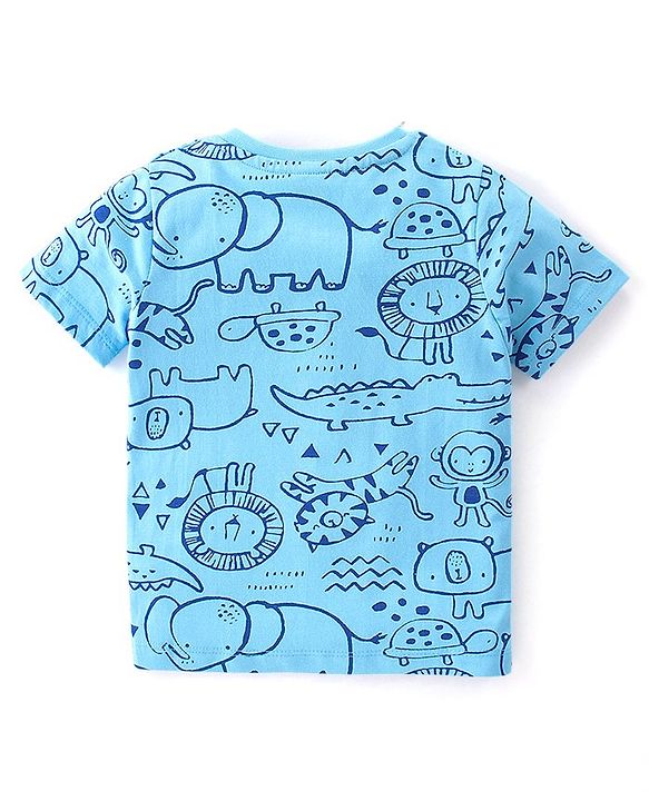 Babyhug Cotton Knit Single Jersey Half Sleeves Night Suit With Animals Print - Blue