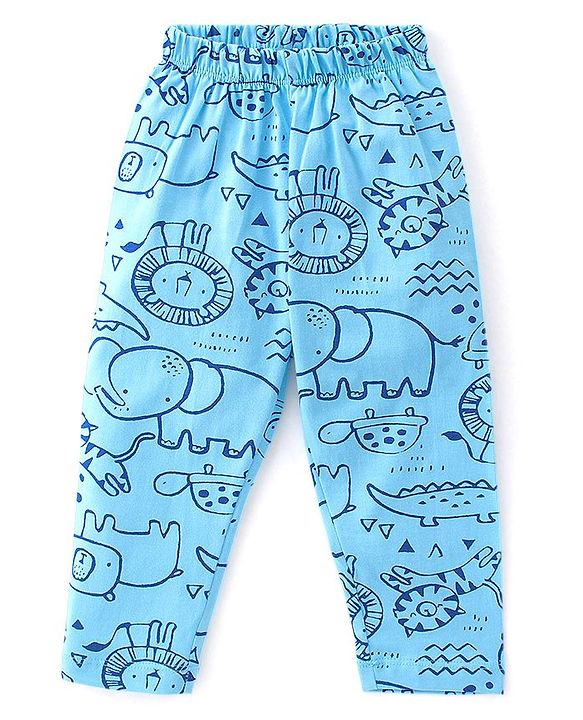 Babyhug Cotton Knit Single Jersey Half Sleeves Night Suit With Animals Print - Blue