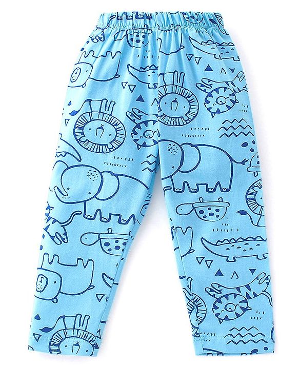 Babyhug Cotton Knit Single Jersey Half Sleeves Night Suit With Animals Print - Blue