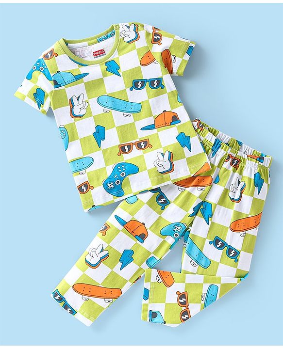 Babyhug Single Jersey Knit Half Sleeves Night Suit Skateboard Print - White & Green