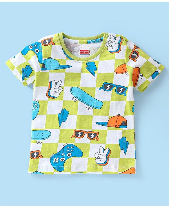 Babyhug Single Jersey Knit Half Sleeves Night Suit Skateboard Print - White & Green
