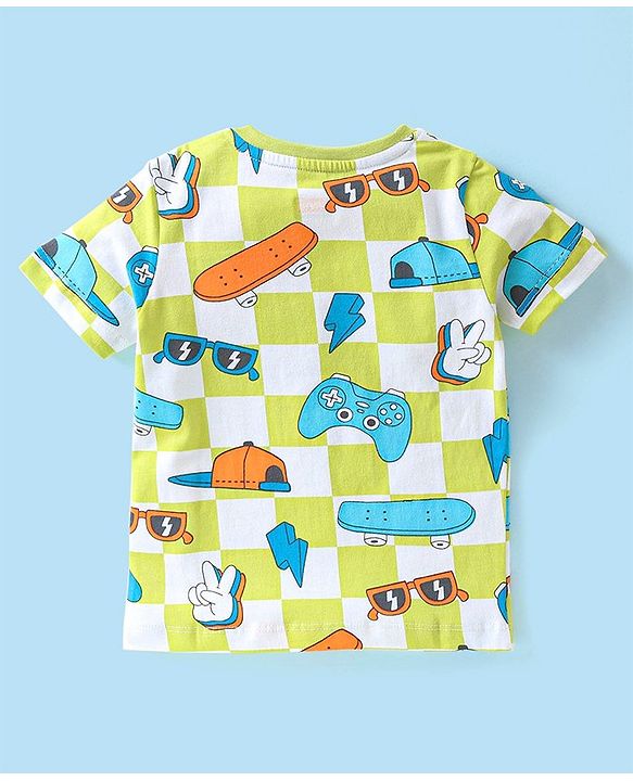 Babyhug Single Jersey Knit Half Sleeves Night Suit Skateboard Print - White & Green