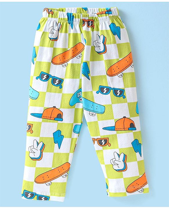Babyhug Single Jersey Knit Half Sleeves Night Suit Skateboard Print - White & Green