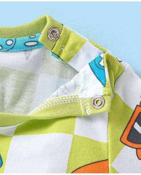 Babyhug Single Jersey Knit Half Sleeves Night Suit Skateboard Print - White & Green
