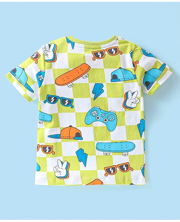 Babyhug Single Jersey Knit Half Sleeves Night Suit Skateboard Print - White & Green
