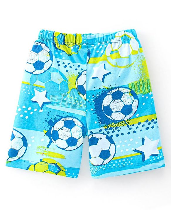 Babyhug Single Jersey Knit Half Sleeves Night Suit Soccer Ball Print - Blue