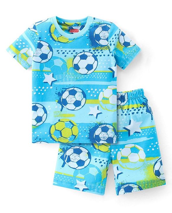 Babyhug Single Jersey Knit Half Sleeves Night Suit Soccer Ball Print - Blue