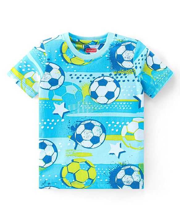 Babyhug Single Jersey Knit Half Sleeves Night Suit Soccer Ball Print - Blue