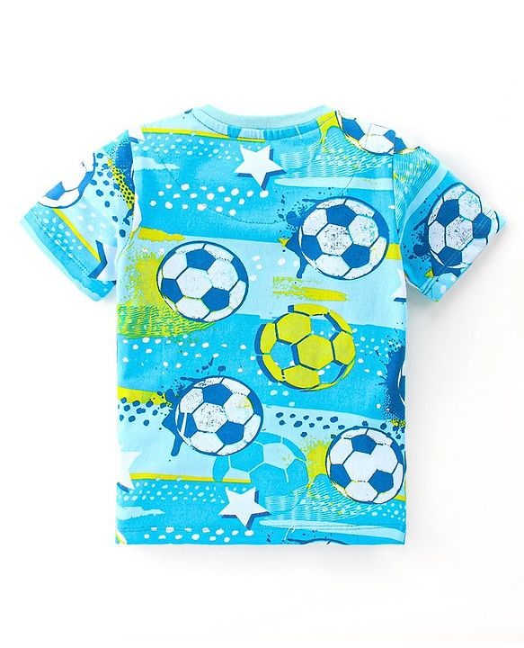 Babyhug Single Jersey Knit Half Sleeves Night Suit Soccer Ball Print - Blue