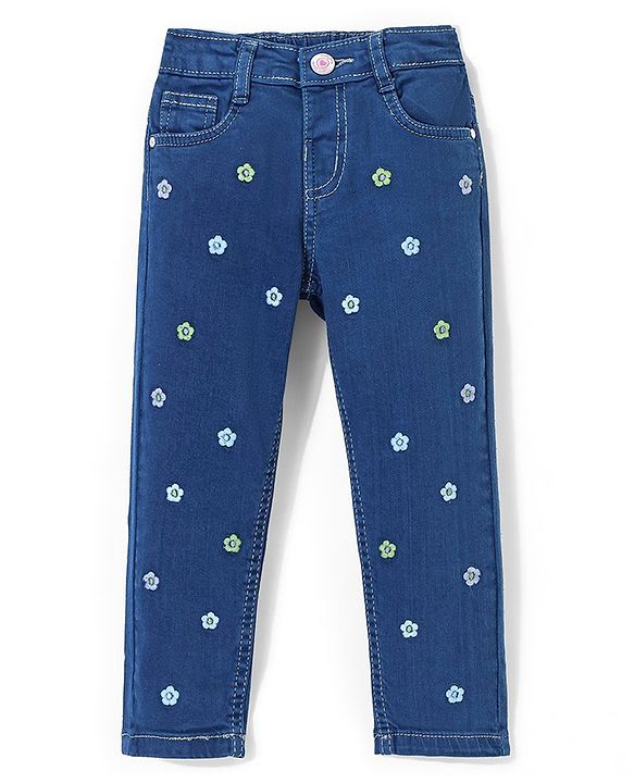 Babyhug Denim  Full Length with Stretch Washed Jeans With Floral Embroidery- Blue