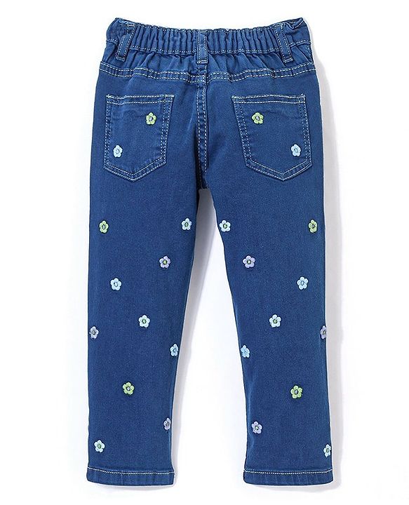 Babyhug Denim  Full Length with Stretch Washed Jeans With Floral Embroidery- Blue
