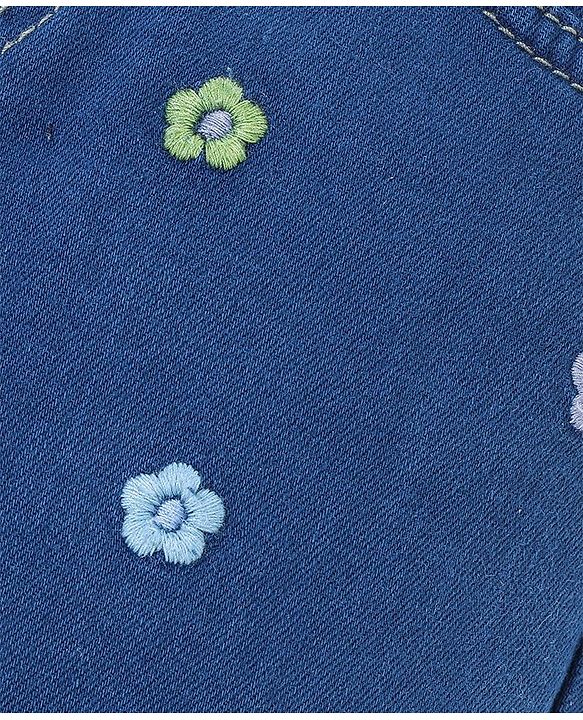 Babyhug Denim  Full Length with Stretch Washed Jeans With Floral Embroidery- Blue
