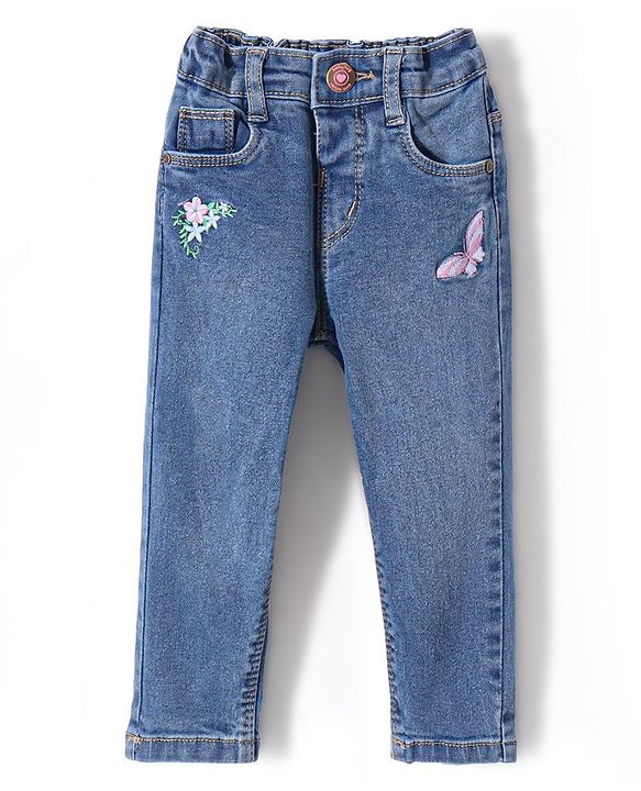 Babyhug Denim Full Length Jeans With Stretch & Butterfly Embroidery - Blue