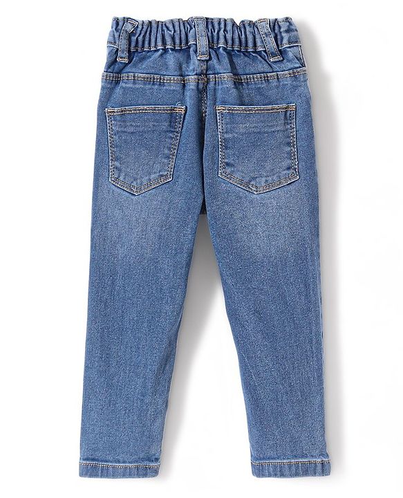Babyhug Denim Full Length Jeans With Stretch & Butterfly Embroidery - Blue