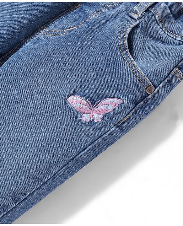 Babyhug Denim Full Length Jeans With Stretch & Butterfly Embroidery - Blue