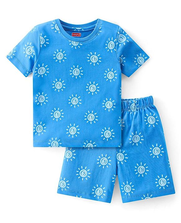 Babyhug Single Jersey Knit Half Sleeves Short Set Sun Print - Blue